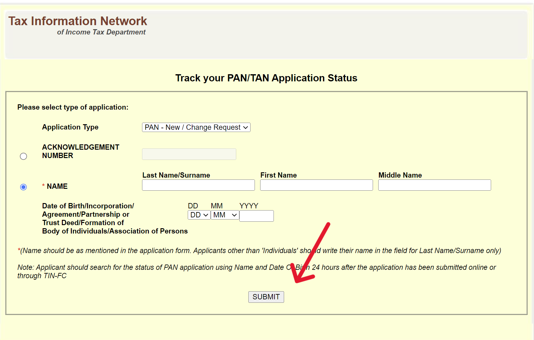 TIN NSDL PAN Status Track Page